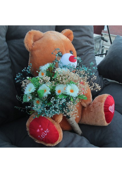 Sevgiliye Sevimli Kahverengi Ayıcık 50 cm Papatya Cipsolarla Sarılı Buket Set Hediye
