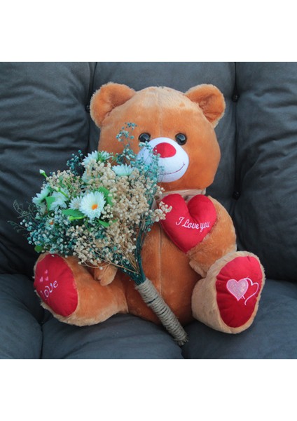 Sevgiliye Sevimli Kahverengi Ayıcık 50 cm Papatya Cipsolarla Sarılı Buket Set Hediye modelleri