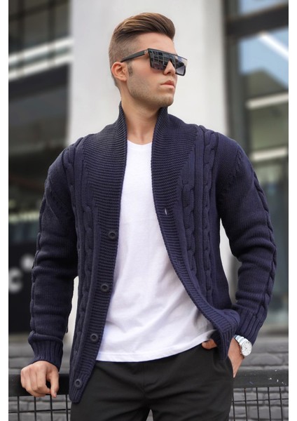 Erkek Lacivert Örgü Desenli Hırka %65 Pamuk %35 Polyester L Beden – Konforlu ve Şık Günlük Stil