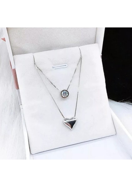 Çift Zincirli, Kalpli 925 Ayar Gümüş Kolye