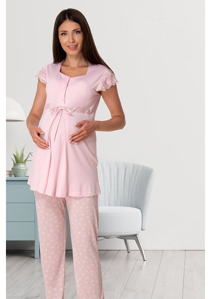 Effortt Pembe Dantelli Lohusa Pijama Takımı