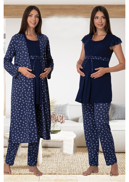 Effortt Lacivert Sabahlıklı Lohusa Pijama Takımı