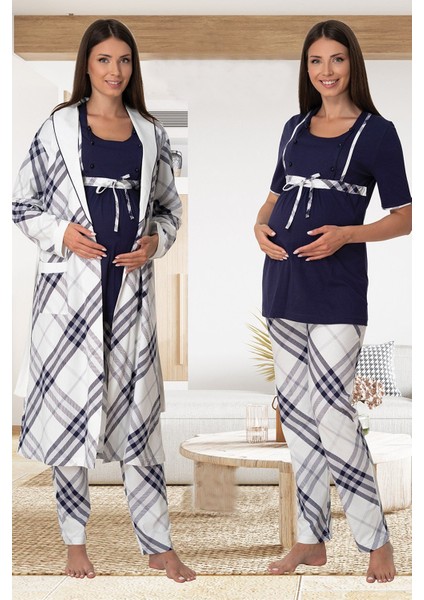 Effortt Lacivert Sabahlıklı Lohusa Pijama Takımı
