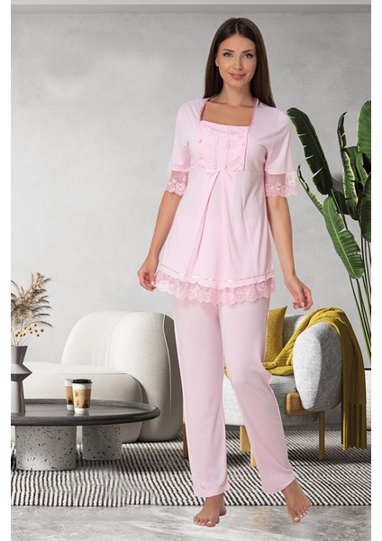 Effortt Pembe Dantelli Lohusa Pijama Takımı