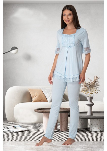 Effortt Mavi Dantelli Lohusa Pijama Takımı