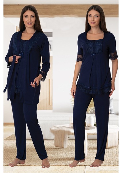 Effortt Lacivert Sabahlıklı Lohusa Pijama Takımı