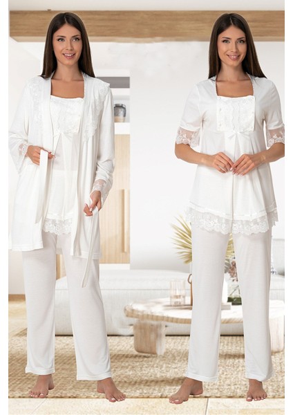 Effortt Ekru Sabahlıklı Lohusa Pijama Takımı