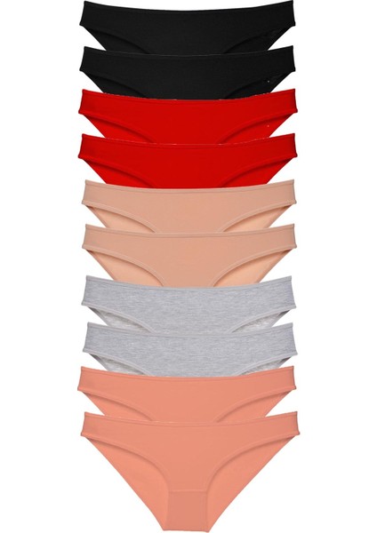 10 Adet Süper Eko Set Likralı Kadın Slip Külot Siyah Kırmızı Ten Gri Pudra