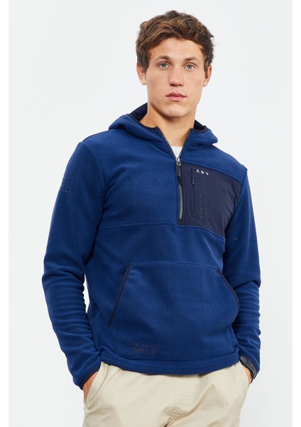 İndigo Nakışlı Yarım Fermuar Kapüşonlu Standart Kalıp Erkek Polar Sweatshirt - 87996