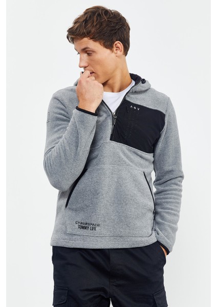 Gri Melanj Nakışlı Yarım Fermuar Kapüşonlu Standart Kalıp Erkek Polar Sweatshirt - 87996