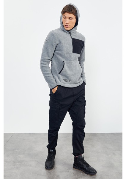 Gri Melanj Nakışlı Yarım Fermuar Kapüşonlu Standart Kalıp Erkek Polar Sweatshirt - 87996
