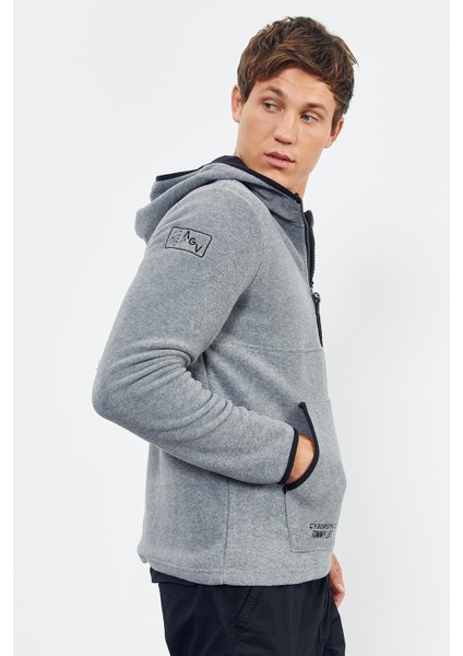 Gri Melanj Nakışlı Yarım Fermuar Kapüşonlu Standart Kalıp Erkek Polar Sweatshirt - 87996