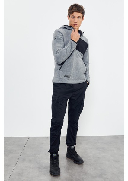 Gri Melanj Nakışlı Yarım Fermuar Kapüşonlu Standart Kalıp Erkek Polar Sweatshirt - 87996