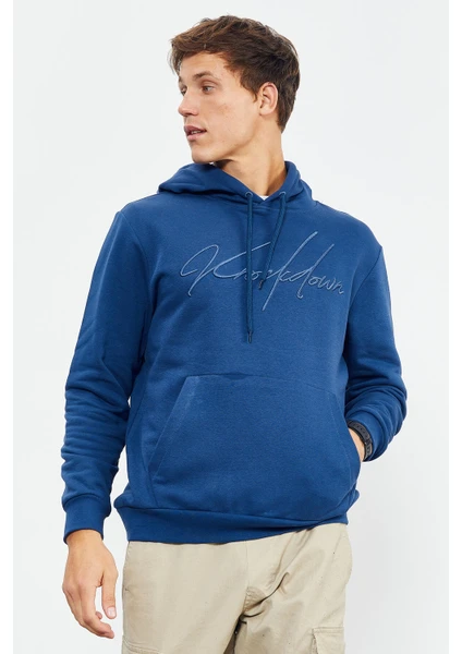 Tommy Life İndigo El Yazısı Nakışlı Kapüşonlu Rahat Form Erkek Sweatshirt - 88007