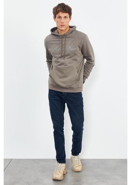 Camel El Yazısı Nakışlı Kapüşonlu Rahat Form Erkek Sweatshirt - 88007