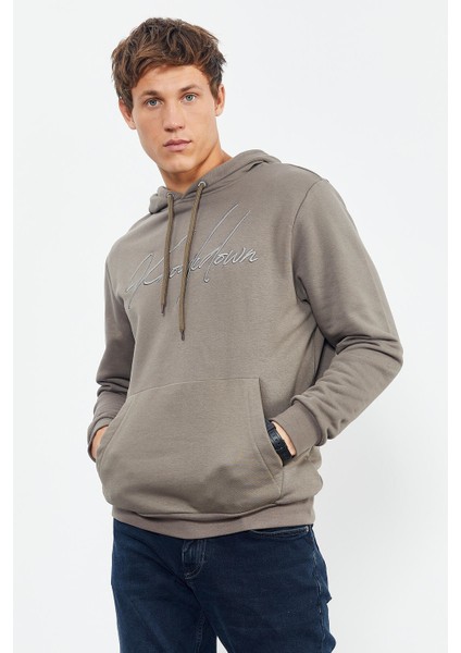 Camel El Yazısı Nakışlı Kapüşonlu Rahat Form Erkek Sweatshirt - 88007