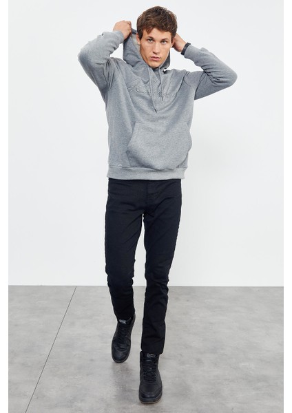 Gri Melanj El Yazısı Nakışlı Kapüşonlu Rahat Form Erkek Sweatshirt - 88007