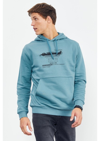 Mint Yeşili Baskılı Kapüşonlu Kanguru Cep Rahat Form Erkek Sweatshirt - 88019