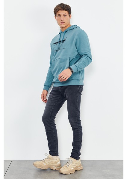 Mint Yeşili Baskılı Kapüşonlu Kanguru Cep Rahat Form Erkek Sweatshirt - 88019
