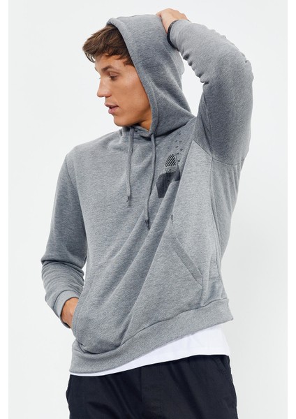 Gri Melanj Ön ve Sırt Baskılı Kapüşonlu Rahat Form Erkek Sweatshirt - 88017