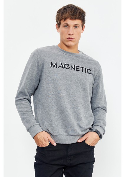 Gri Melanj Yazı Nakışlı O Yaka Rahat Form Erkek Sweatshirt - 88020