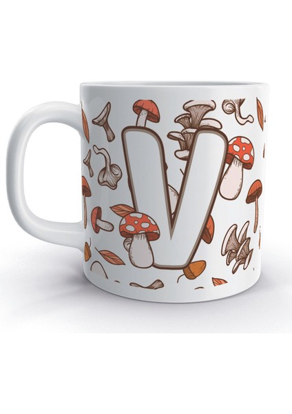 V Harfi Mantar Sonbahar Tasarım Desenli Harfli Kupa Bardak