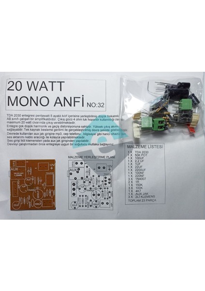 TDA2030 20W Mono Anfi Aux Çıkışlı Demonte Kit Kendin Yap
