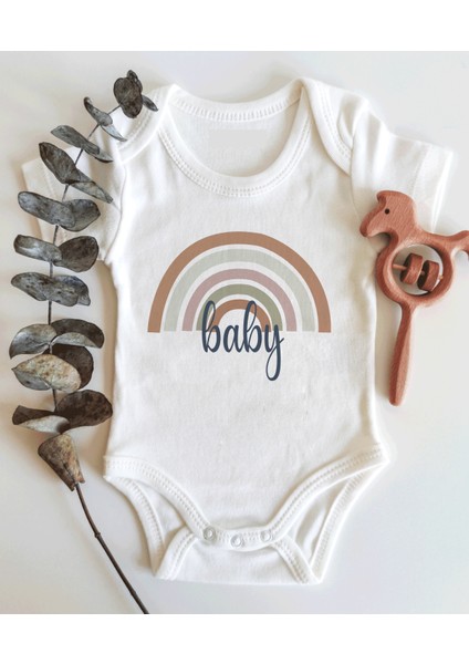 Kahverengi Gökkuşağı Baby Yazılı Kısa Kol Organik Bebek Body