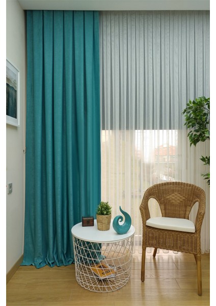 Açık Petrol Düz Renk Pileli Soft Fon Perde, 1/3 Sık Pile, Tek Kanat 60 x 270 cm