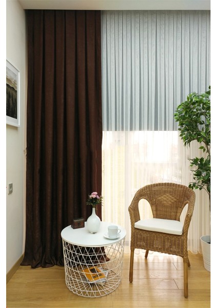 Kahverengi Düz Renk Pileli Soft Fon Perde, 1/3 Sık Pile, Tek Kanat 50 x 270 cm