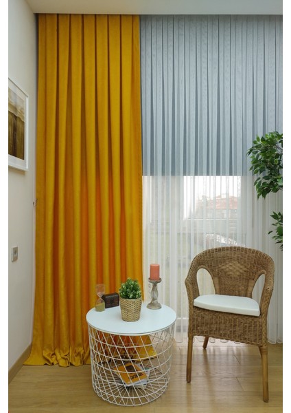 Hardal Düz Renk Pileli Soft Fon Perde, 1/3 Sık Pile, Tek Kanat 70 x 250 cm