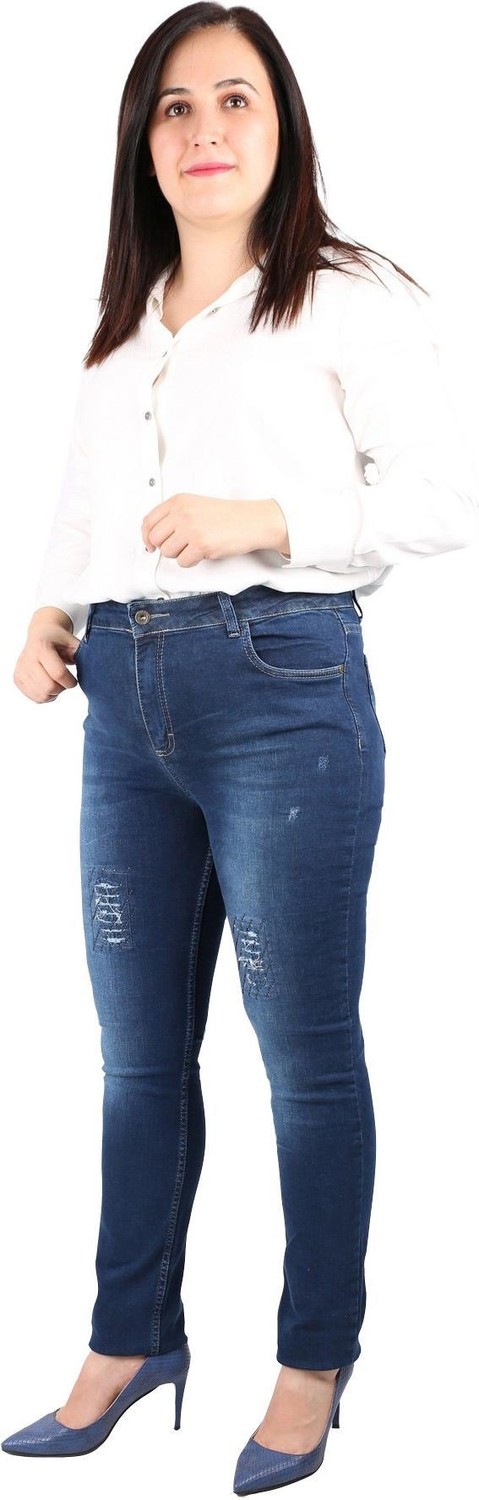 Günay Fierte Kadın Büyük Beden Pantolon RG1450 Jean Yüksek Bel Dar Paça Yırtık Fermuar Kapama Düğmeli Spor Cep Kot Pamuk Lacivert Füme Siyah görsel 6