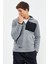 Gri Melanj Nakışlı Yarım Fermuar Kapüşonlu Standart Kalıp Erkek Polar Sweatshirt - 87996 1