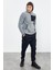 Gri Melanj Nakışlı Yarım Fermuar Kapüşonlu Standart Kalıp Erkek Polar Sweatshirt - 87996 2