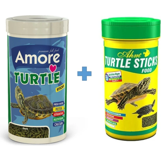 Amore Turtle Sticks 250ML + Ahm Turtle 250ML Vitamin Kalsiyum Mineral Plus Sürüngen ve Kaplumbağa Yemi