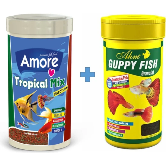 Amore Tropical Mix 250ML + Ahm Guppy Granulat 250ML Lepistes Moli Kılıç Melek Tetra Tropikal Balık Yemi