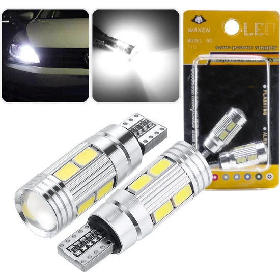 Waxen T10 Park Ampul Mercekli Canbus 10 Led W5W 194 Dipsiz 5730 Smd Çip 6500K Beyaz