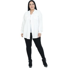 Disentis Modest Büyük Beden Gömlek Yaka Göğüsten Çift Cepli Beyaz Gömlek