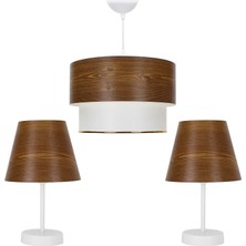 Glit Force 3'lü Abajur Avize Seti Ahşap Desenli Yatak Odası Aydınlatma