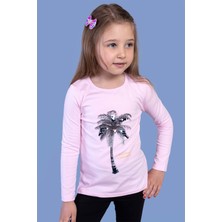 Toontoy Kids Kız Çocuk Palmiye Baskılı Pul Işlemeli Tişört