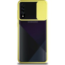 Kzy Samsung Galaxy A70 Kapak Lensi Açılır Kapanır Kamera Korumalı Silikon Kılıf - Sarı