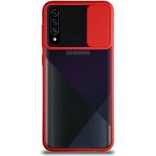 Kzy Samsung Galaxy A70S Kapak Lensi Açılır Kapanır Kamera Korumalı Silikon Kılıf - Kırmızı