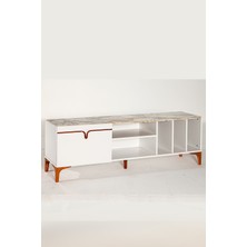 Mobetto Pietra Tv Ünitesi Beyaz Mermer Desenli 160 cm 2 Kapaklı + 2 Raflı Tv Sehpası