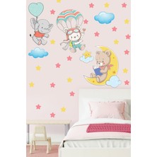Echo Home Ayda Kitap Okuyan Aycık Yıldızlar ve Uçan Fil ve Ayıcık Duvar Sticker