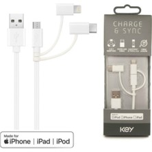 Key 3in1 (Usb A - Type C - Micro USB - Lightning) 1 Metre Data Kablosu Beyaz