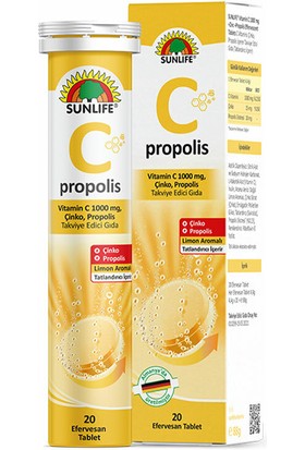 Sunlife Vitamin C Çinko ve Propolis 20 Efervesan Tablet