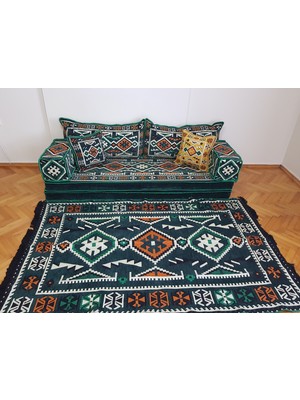 Coton Anadolu Desenli Şark Köşesi Minderi Ikili Sedir 120*180CM Kilim Takımı Yeşil ( 9 Parça )