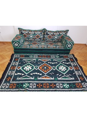 Coton Anadolu Desenli Şark Köşesi Minderi Ikili Sedir 120*180CM Kilim Takımı Yeşil ( 9 Parça )