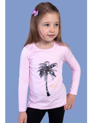Toontoy Kids Kız Çocuk Palmiye Baskılı Pul Işlemeli Tişört