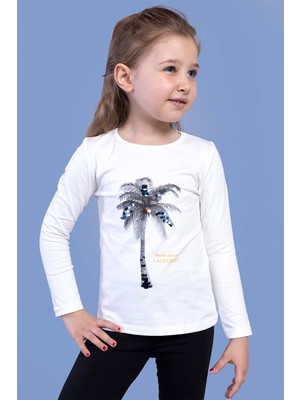 Toontoy Kids Kız Çocuk Palmiye Baskılı Pul Işlemeli Tişört
